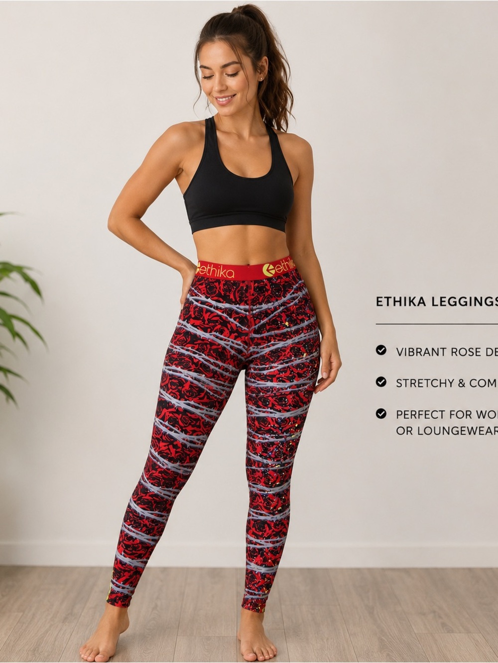 Ethika Women’s Splash Vester Leggings Size M Red Rose Print NWT